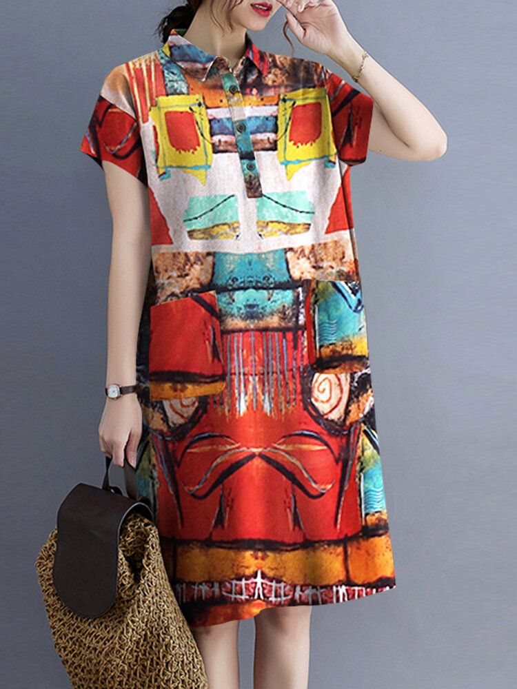 Blomma Abstrakt Painted Print Button Pocket Lapel Midi Dress