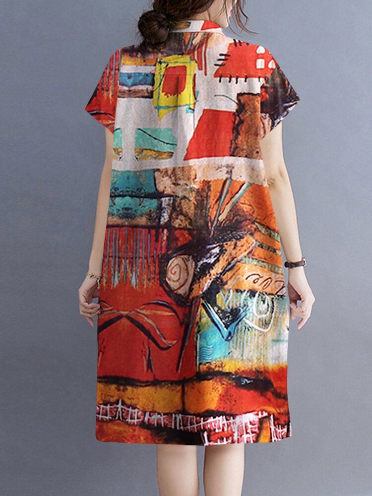 Blomma Abstrakt Painted Print Button Pocket Lapel Midi Dress