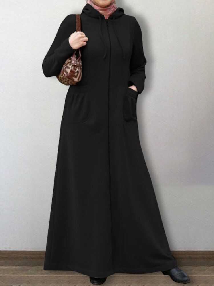 Dam Abaya Kaftan Hooded Enfärgad Ankellängd Casual Midiklänningar