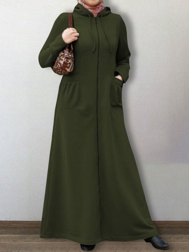 Dam Abaya Kaftan Hooded Enfärgad Ankellängd Casual Midiklänningar