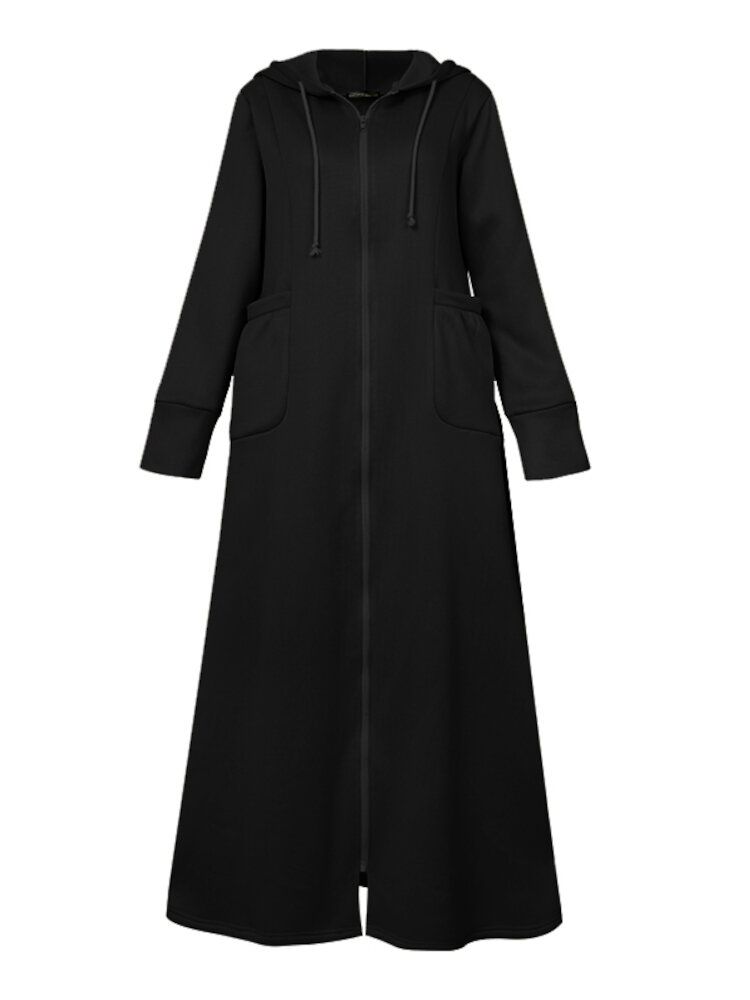 Dam Abaya Kaftan Hooded Enfärgad Ankellängd Casual Midiklänningar