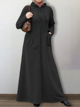 Dam Abaya Kaftan Hooded Enfärgad Ankellängd Casual Midiklänningar