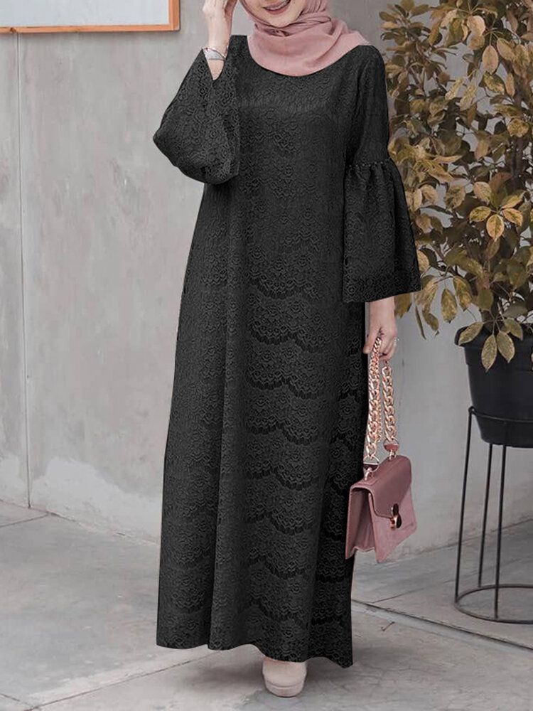 Dam Abaya Kaftan Lace Patchwork Falre Ärm Ankellängd Casual Midiklänningar