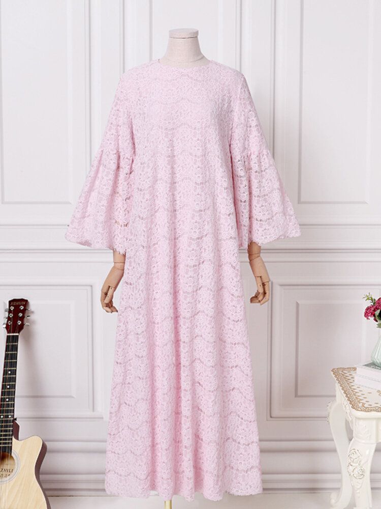 Dam Abaya Kaftan Lace Patchwork Falre Ärm Ankellängd Casual Midiklänningar