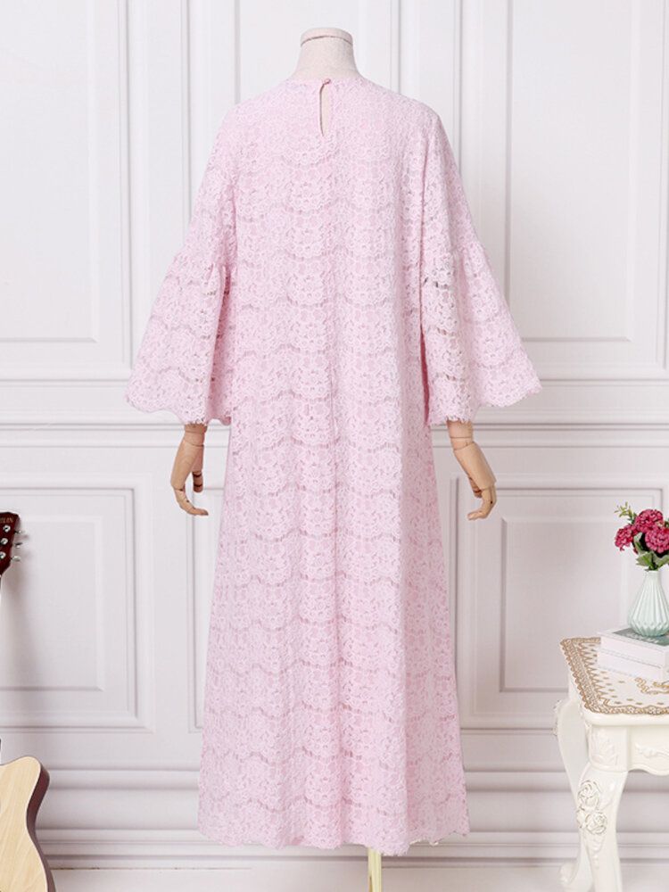 Dam Abaya Kaftan Lace Patchwork Falre Ärm Ankellängd Casual Midiklänningar