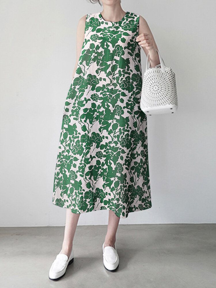 Flower Print Fick Rund Neck Ärmlös Casual Midi-klänning