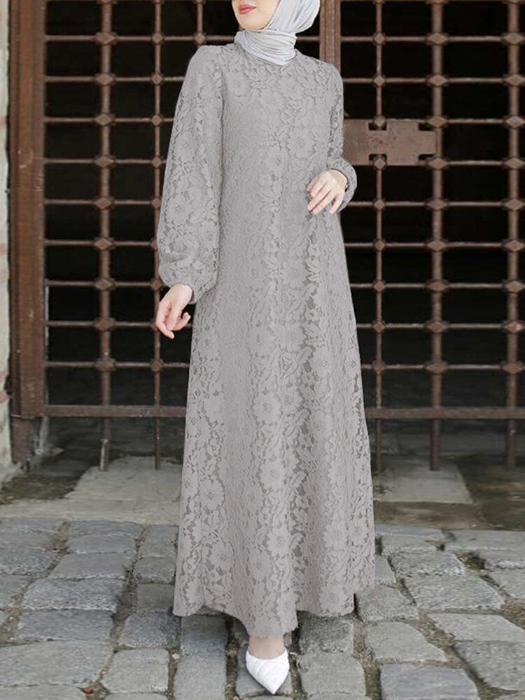 Kvinnor 100% Bomull Abaya Kaftan Lace Patchwork Casual Midiklänning För Bröllop