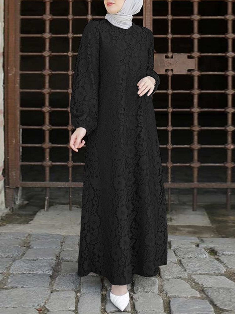 Kvinnor 100% Bomull Abaya Kaftan Lace Patchwork Casual Midiklänning För Bröllop