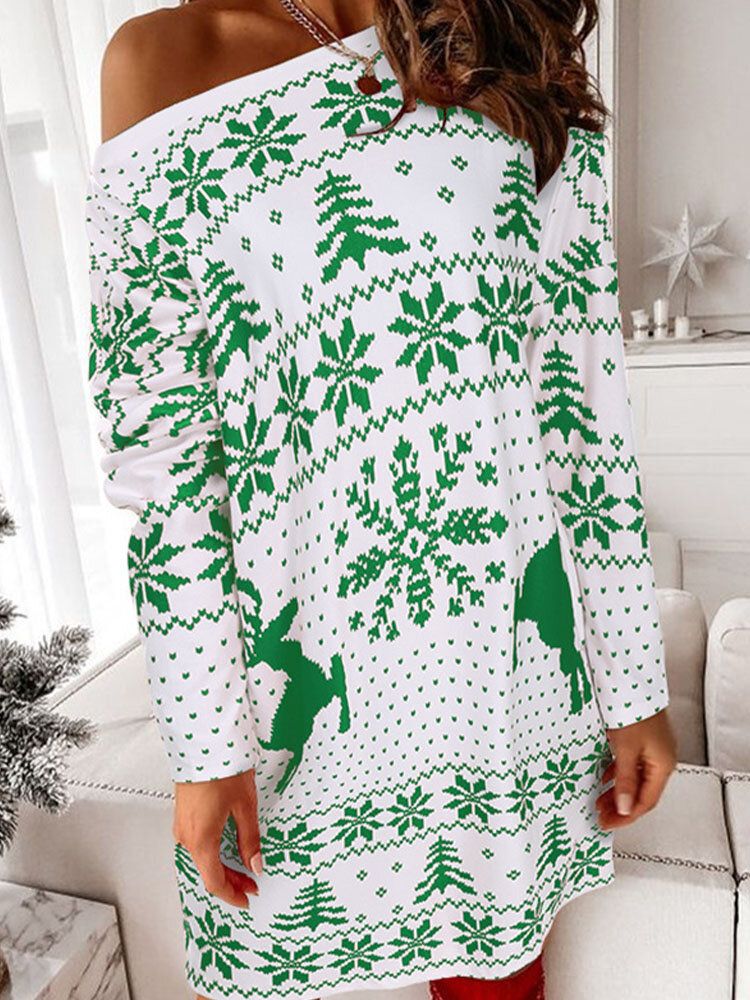 Kvinnor Julstickad Snowflake Deer Print Crew Neck Casual Sweaters