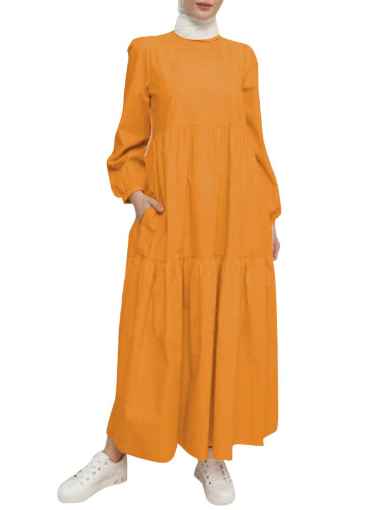 Kvinnor Solid Crew Neck Layered Back Buttons Abaya Kaftan Dress