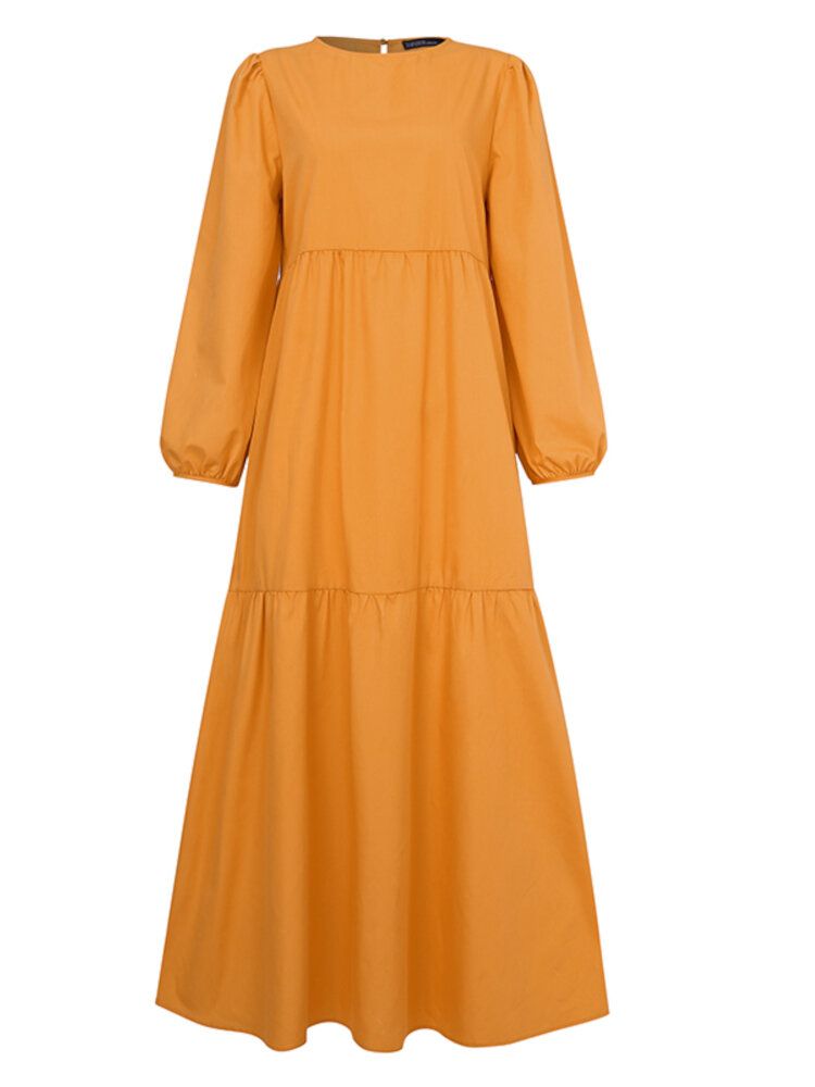 Kvinnor Solid Crew Neck Layered Back Buttons Abaya Kaftan Dress