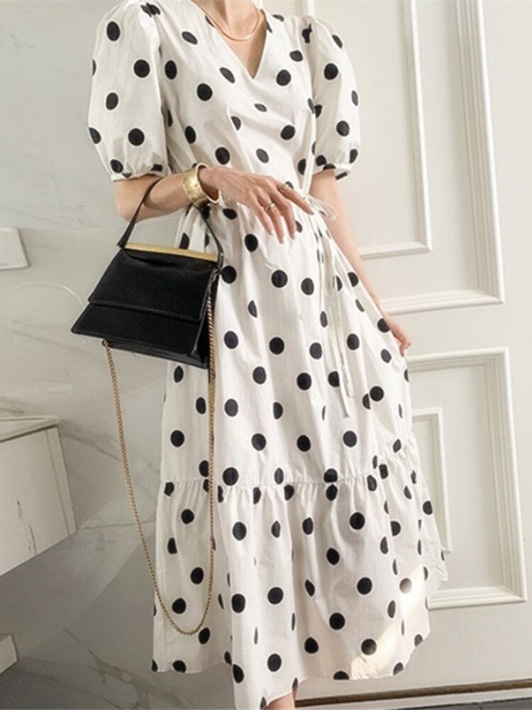 Polka Dot Print Halv Ärm V-ringad Puff Dragstring Klänning