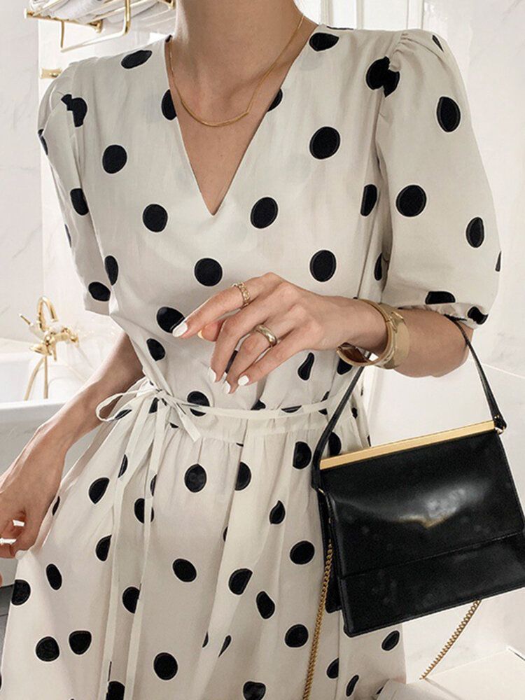 Polka Dot Print Halv Ärm V-ringad Puff Dragstring Klänning