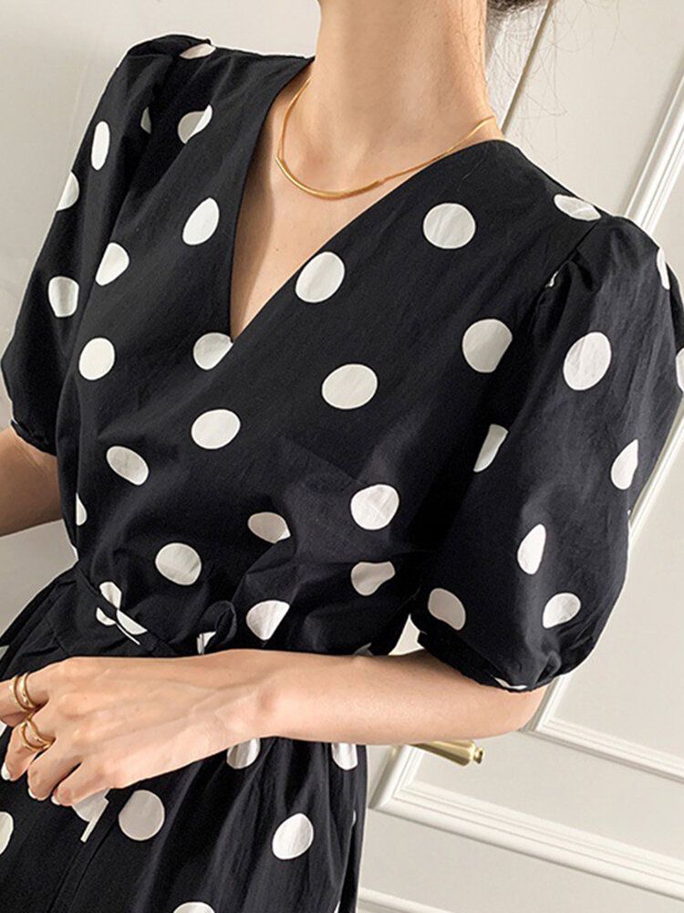 Polka Dot Print Halv Ärm V-ringad Puff Dragstring Klänning