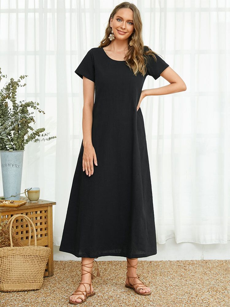 Rund Hals Loose Fit Solid Midi-klänning Med Kort Ärmficka