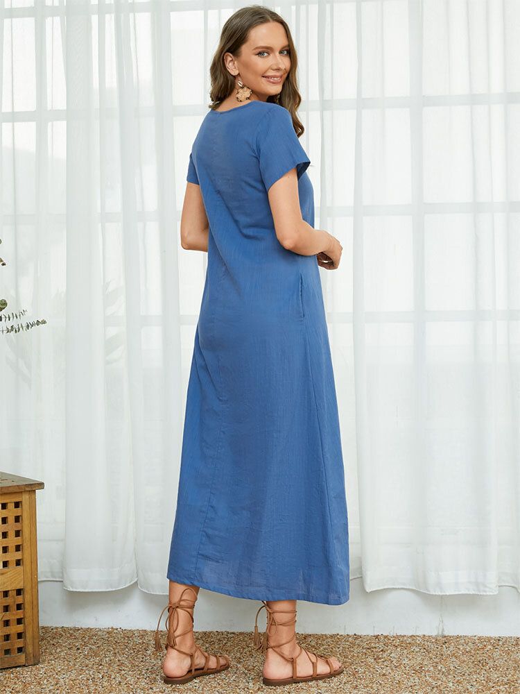 Rund Hals Loose Fit Solid Midi-klänning Med Kort Ärmficka