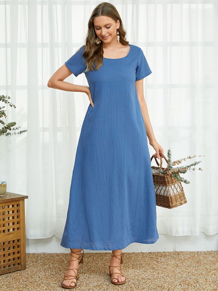 Rund Hals Loose Fit Solid Midi-klänning Med Kort Ärmficka