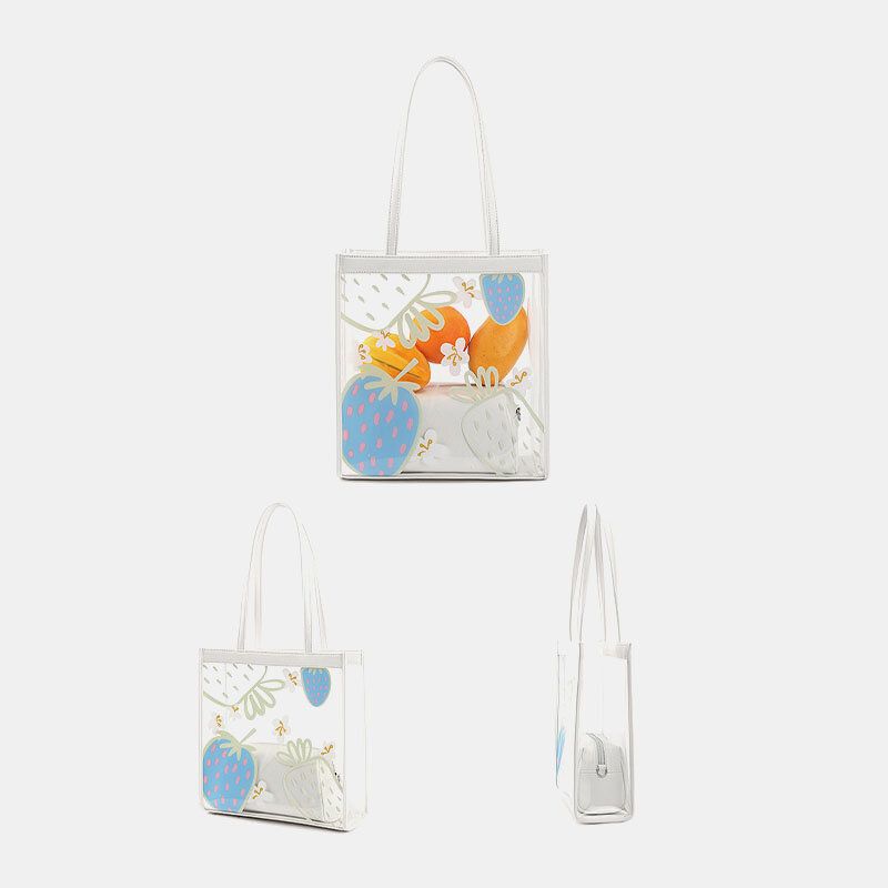 Dam 2st Vattentät Transparent Print Frukt Pvc Multi-carry Handväska Tote