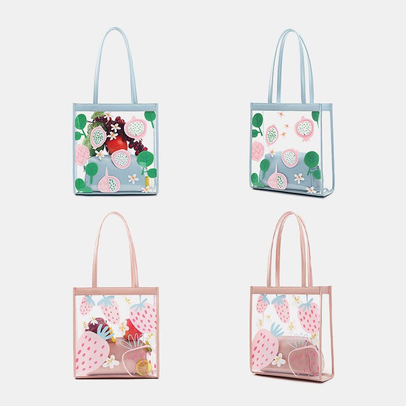 Dam 2st Vattentät Transparent Print Frukt Pvc Multi-carry Handväska Tote