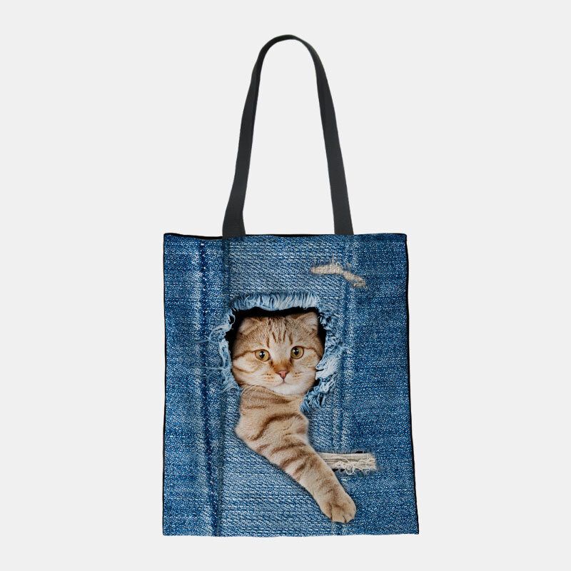 Dam Canvas Breaking Hole Denim 3d Söt Katt Hundmönster Casual Outdoor Handväska Axelväska Tote