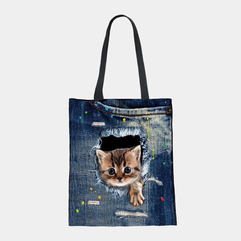 Dam Canvas Breaking Hole Denim 3d Söt Katt Hundmönster Casual Outdoor Handväska Axelväska Tote