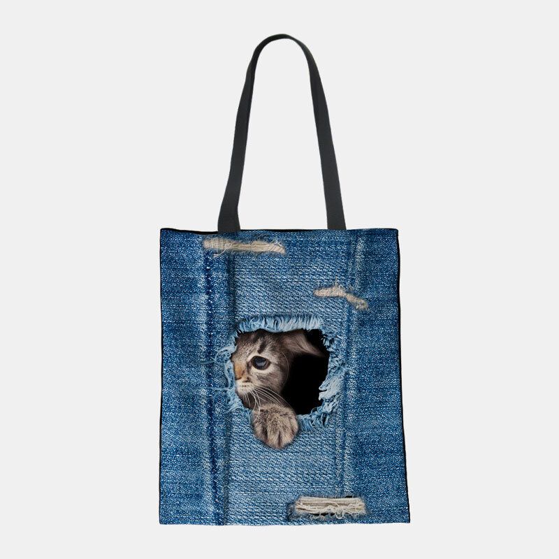 Dam Canvas Breaking Hole Denim 3d Söt Katt Hundmönster Casual Outdoor Handväska Axelväska Tote