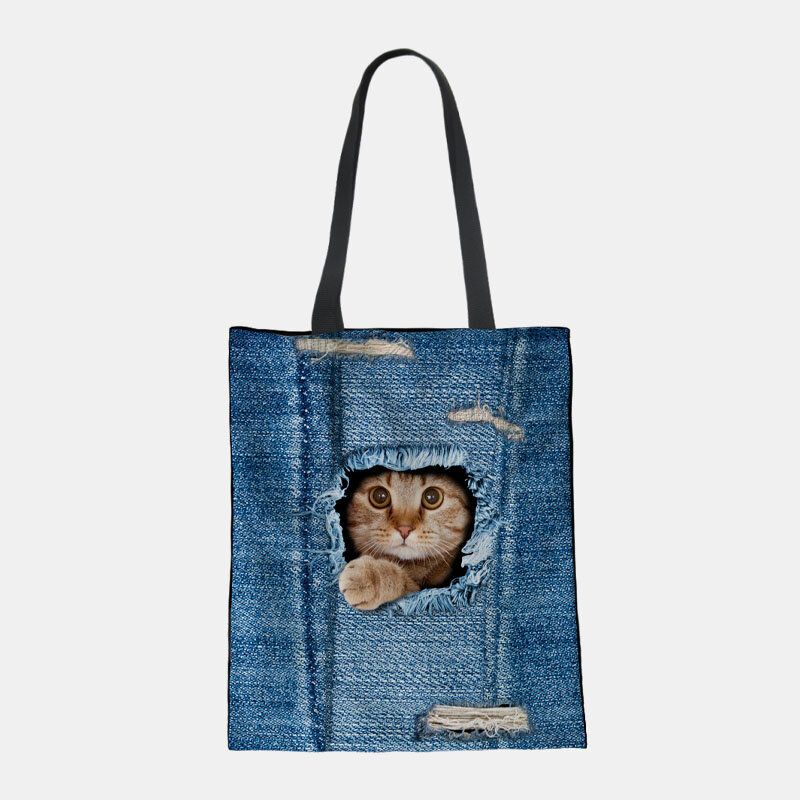 Dam Canvas Breaking Hole Denim 3d Söt Katt Hundmönster Casual Outdoor Handväska Axelväska Tote