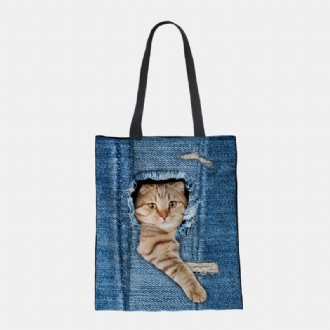 Dam Canvas Breaking Hole Denim 3d Söt Katt Hundmönster Casual Outdoor Handväska Axelväska Tote