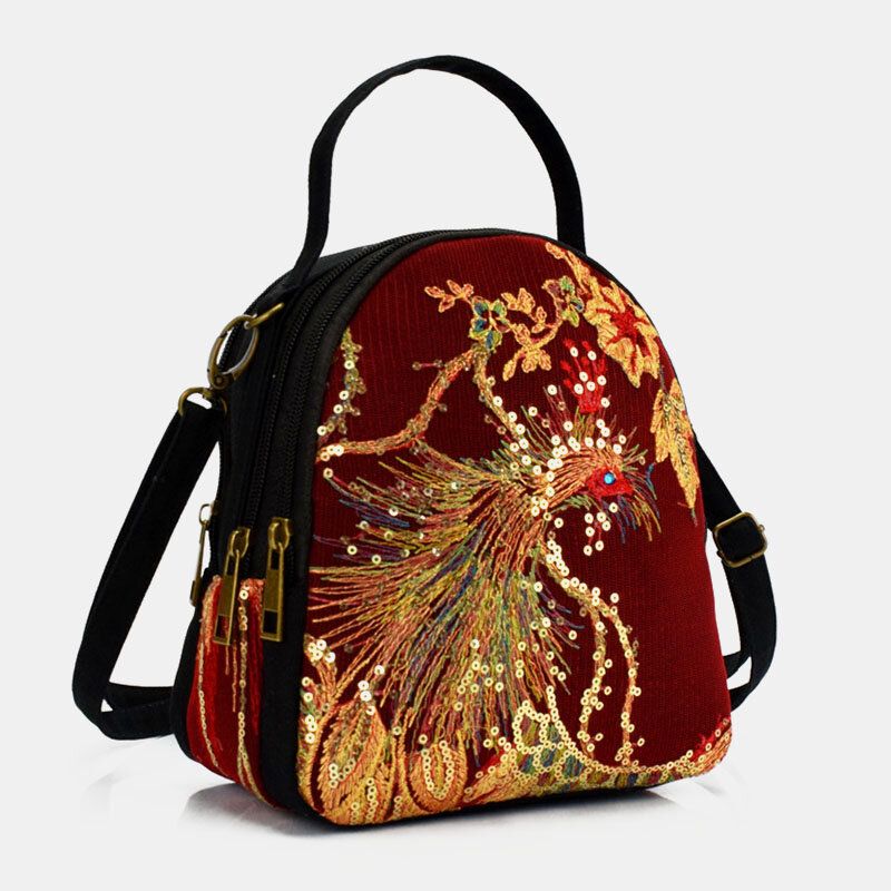 Dam Canvas Etnisk Stil Broderi Peacock Mönster Paljetter Mini Multi-carry Handväska Crossbody Bag