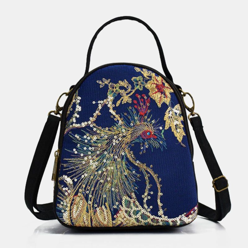 Dam Canvas Etnisk Stil Broderi Peacock Mönster Paljetter Mini Multi-carry Handväska Crossbody Bag