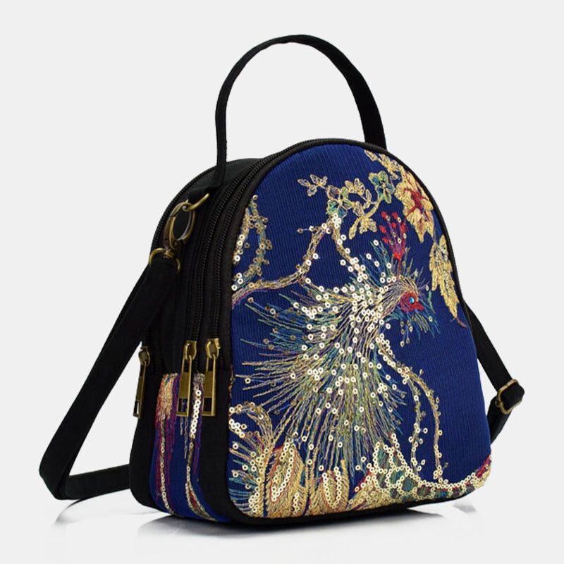 Dam Canvas Etnisk Stil Broderi Peacock Mönster Paljetter Mini Multi-carry Handväska Crossbody Bag