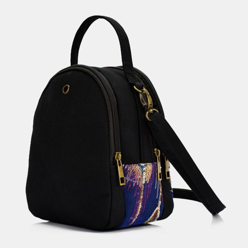 Dam Canvas Etnisk Stil Broderi Peacock Mönster Paljetter Mini Multi-carry Handväska Crossbody Bag