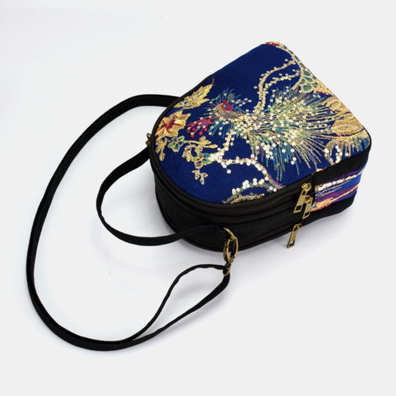 Dam Canvas Etnisk Stil Broderi Peacock Mönster Paljetter Mini Multi-carry Handväska Crossbody Bag