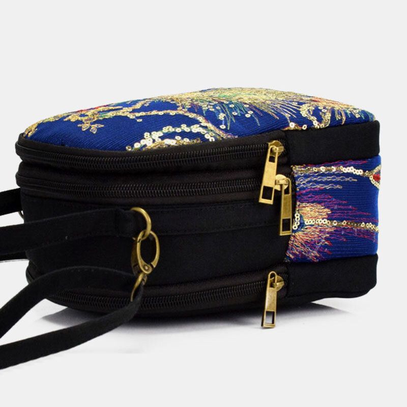 Dam Canvas Etnisk Stil Broderi Peacock Mönster Paljetter Mini Multi-carry Handväska Crossbody Bag