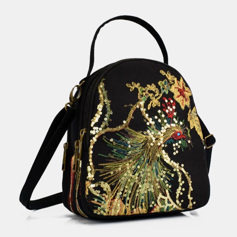 Dam Canvas Etnisk Stil Broderi Peacock Mönster Paljetter Mini Multi-carry Handväska Crossbody Bag