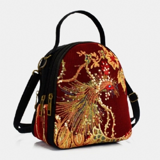 Dam Canvas Etnisk Stil Broderi Peacock Mönster Paljetter Mini Multi-carry Handväska Crossbody Bag