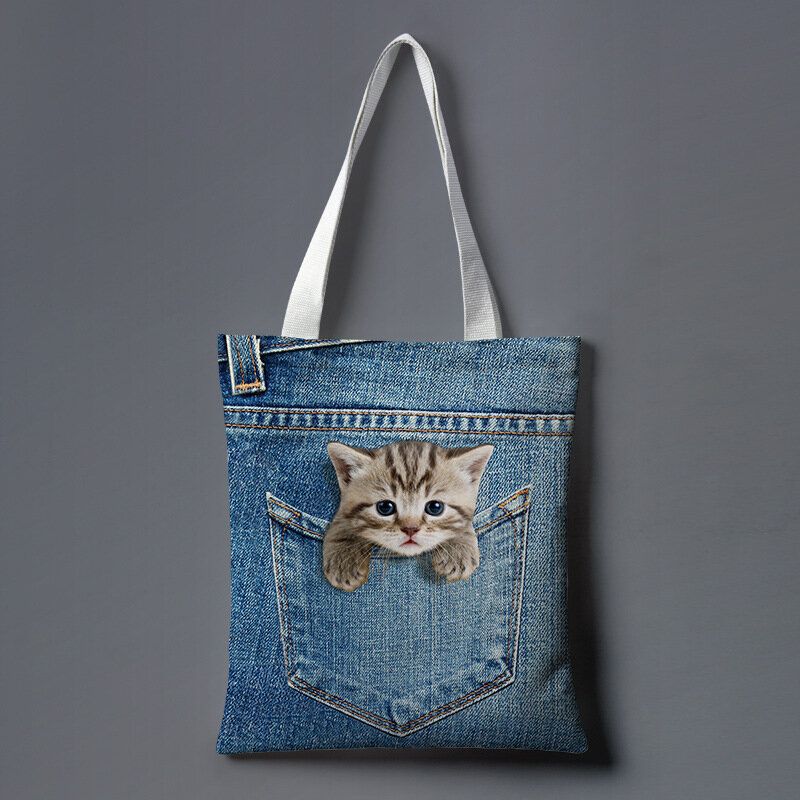 Dam Canvas Katt Hund Inuti Jeans Mönster Skolväska Med Stor Kapacitet Axelväska Handväska Tote