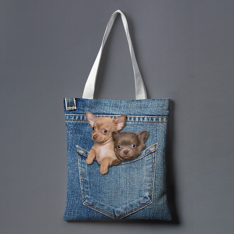 Dam Canvas Katt Hund Inuti Jeans Mönster Skolväska Med Stor Kapacitet Axelväska Handväska Tote