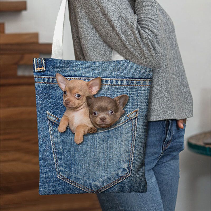 Dam Canvas Katt Hund Inuti Jeans Mönster Skolväska Med Stor Kapacitet Axelväska Handväska Tote