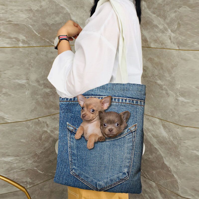 Dam Canvas Katt Hund Inuti Jeans Mönster Skolväska Med Stor Kapacitet Axelväska Handväska Tote