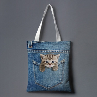 Dam Canvas Katt Hund Inuti Jeans Mönster Skolväska Med Stor Kapacitet Axelväska Handväska Tote