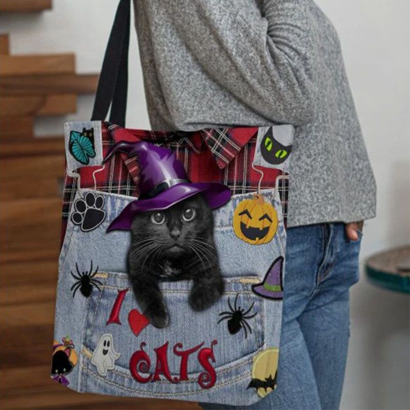 Dam Canvas Magic Hat Tredimensionell 3d Söt Black Cat Handväska Tote Axelväska