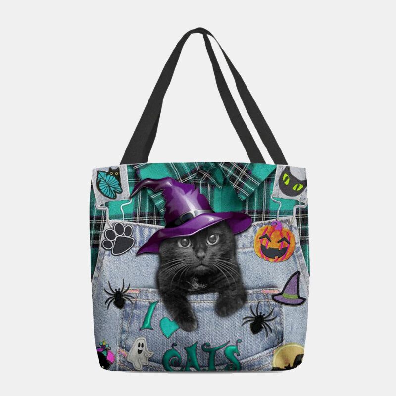 Dam Canvas Magic Hat Tredimensionell 3d Söt Black Cat Handväska Tote Axelväska