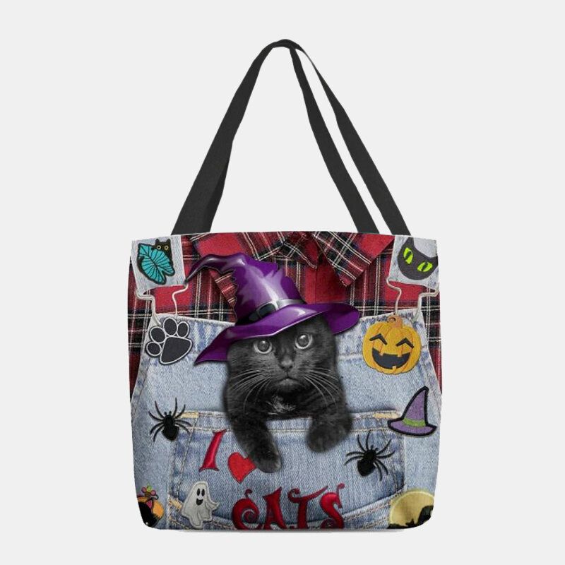 Dam Canvas Magic Hat Tredimensionell 3d Söt Black Cat Handväska Tote Axelväska