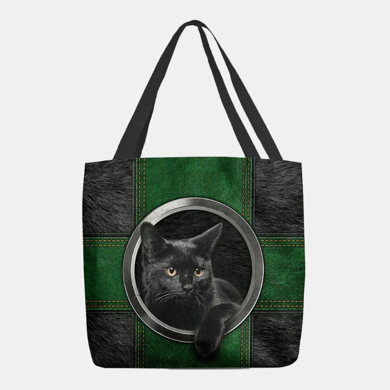 Dam Canvas Söt Cartoon Black Cat Print Handväska Tote Axelväska