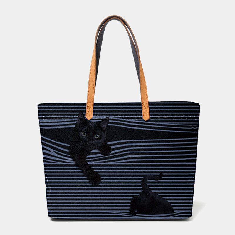 Dam Canvas Stor Kapacitet Stripe Tredimensionell Cartoon Cute Cat Handväska Axelväska Tote