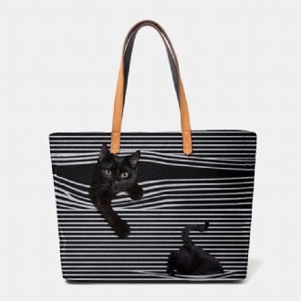 Dam Canvas Stor Kapacitet Stripe Tredimensionell Cartoon Cute Cat Handväska Axelväska Tote