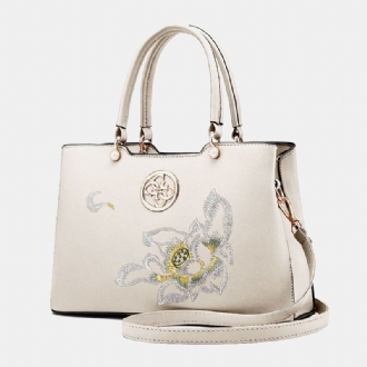 Dam Vintage Kinesisk Stil Gardenia Flower Brodered Handväska Stor Kapacitet Multi-ficka Multi-bära Pu Leahter Crossbody Bag