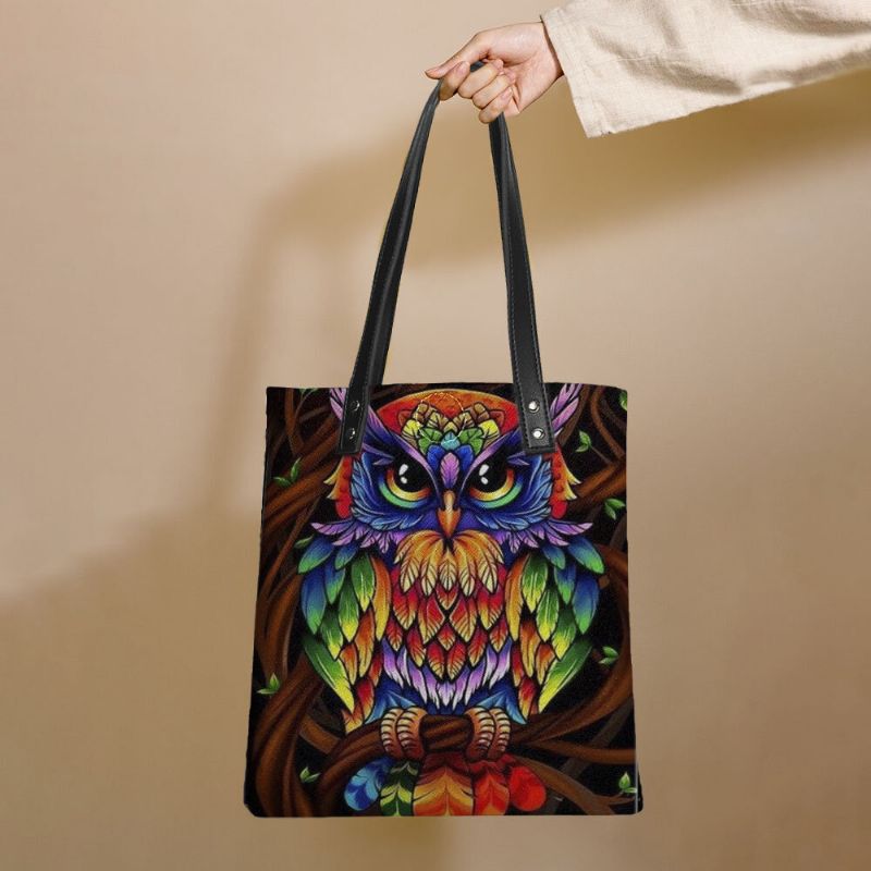 Färg Owl Print Mönster Läder Tygväska Sticker Axelväska Handväska Tote Med Inbyggd Liten Väska