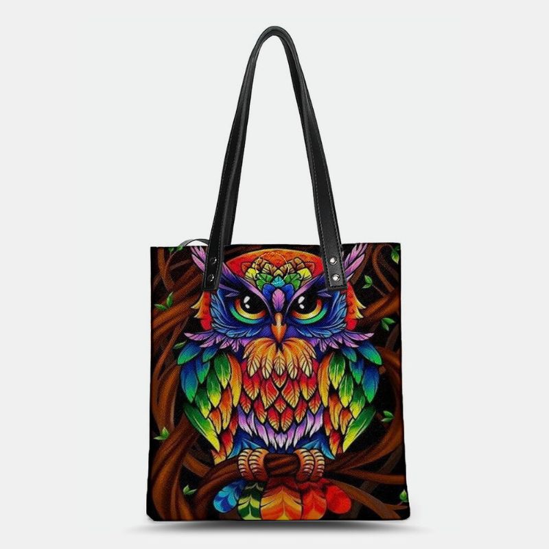 Färg Owl Print Mönster Läder Tygväska Sticker Axelväska Handväska Tote Med Inbyggd Liten Väska